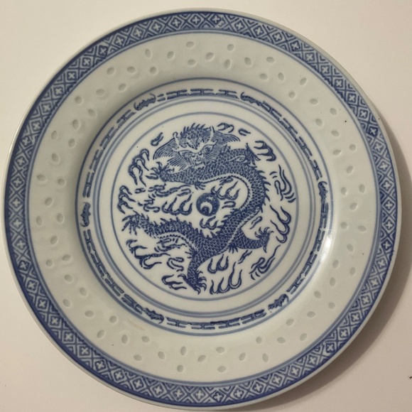 VTG Blue White Chinese Porcelain Dragon Rice Eye Plate - Picture 3 of 4